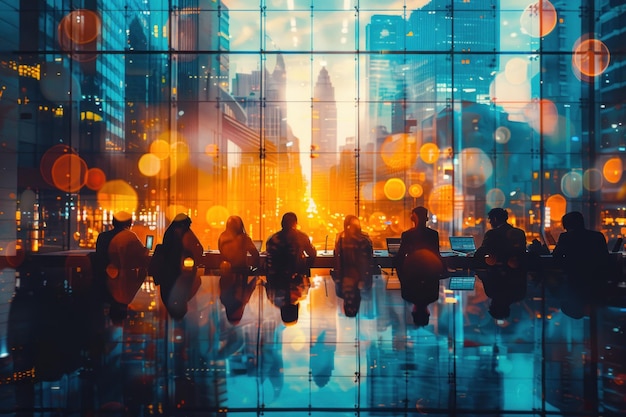 Silhouettes of Businesspeople Meeting in a Cityscape