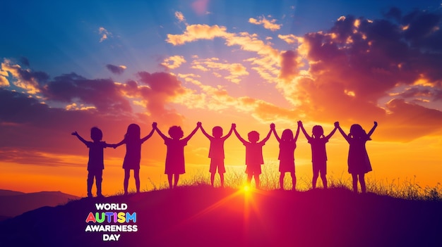 Silhouettes of Children Holding Hands on a Hill at Sunset Celebrating World Autism Awareness Day