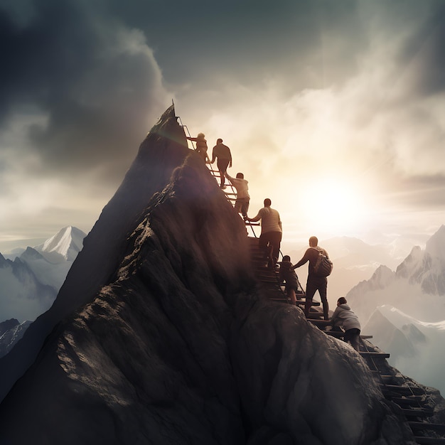 Silhouettes of climbers climbing on the mountain