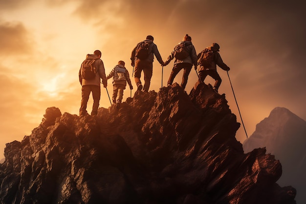 Silhouettes of climbers climbing on the mountain