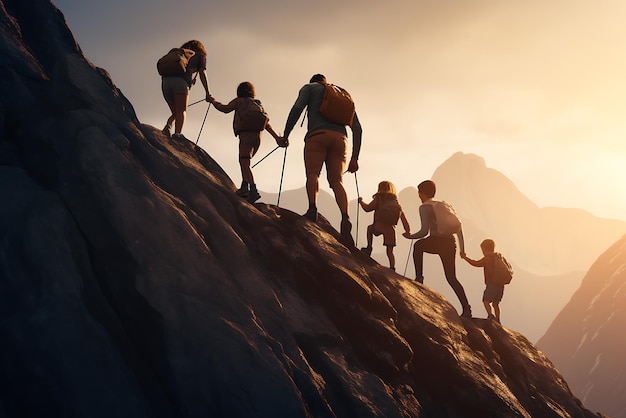 Silhouettes of climbers climbing on the mountain