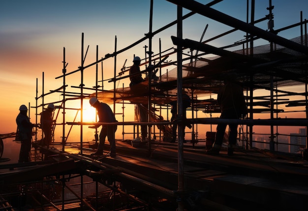 Silhouettes of construction workers on a steel structure create a striking image against the sky