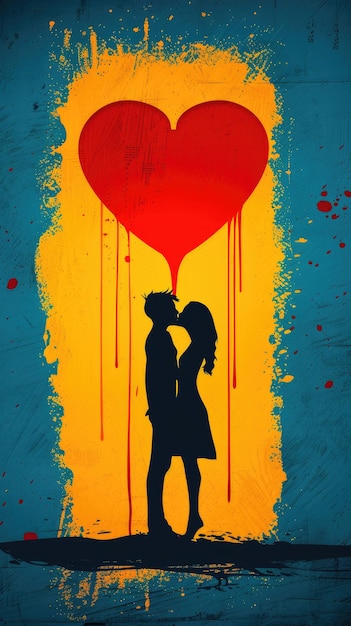 Photo silhouettes of a couple kissing under a dripping heart