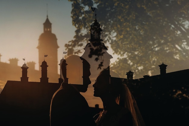 Silhouettes of a couple in love at sunset on the background of the Nesvizh castle