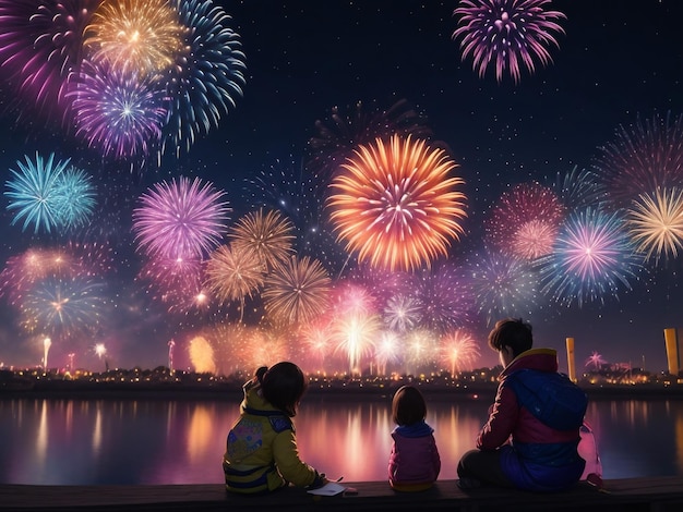 Silhouettes of couple sitting on rock Watch the beautiful fireworks celebration at night