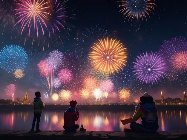 Silhouettes of couple sitting on rock Watch the beautiful fireworks celebration at night