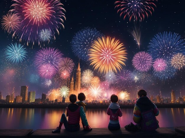 Silhouettes of couple sitting on rock Watch the beautiful fireworks celebration at night