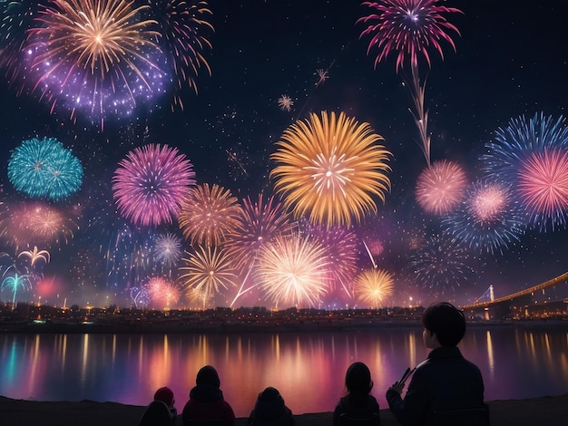 Silhouettes of couple sitting on rock Watch the beautiful fireworks celebration at night