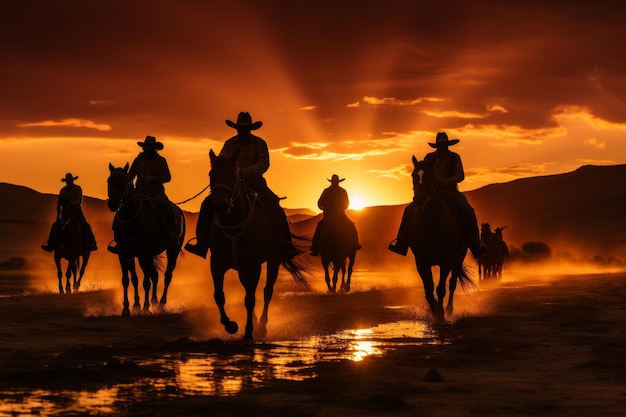 Silhouettes of cowboys on horses against a scenic dramatic orange sunset sky backdrop