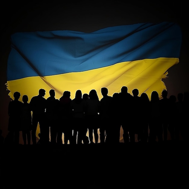 Silhouettes of crowd people with Ukraine flag generative AI