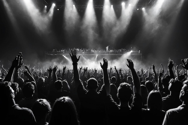 Photo silhouettes of crowd with raised hands at live concert