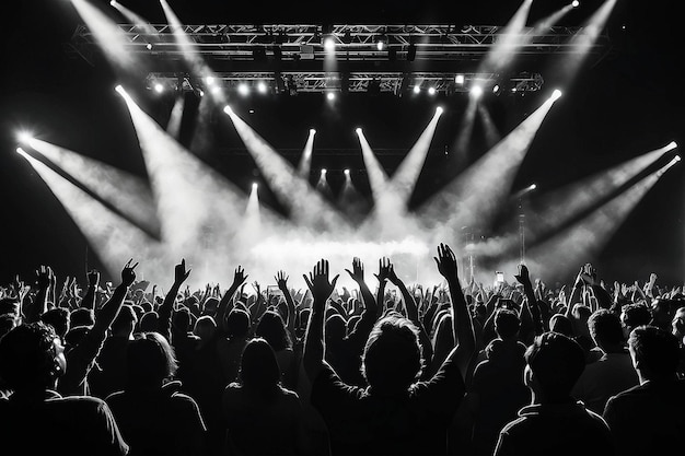 Silhouettes of Crowd with Raised Hands at Live Concert