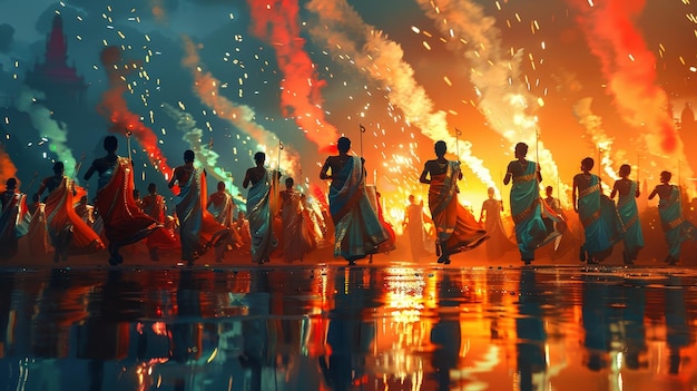 Silhouettes of Dancers Against a Fiery Sky