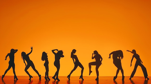 Silhouettes of dancers in different poses against an orange background