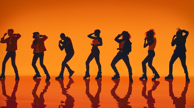 Silhouettes of dancers in a dynamic pose against a sunsetcolored backdrop