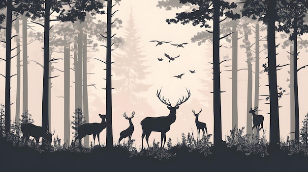 Photo silhouettes of deer and birds in a misty forest