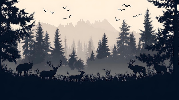 Photo silhouettes of deer and a bison in a misty forest with mountains in the background