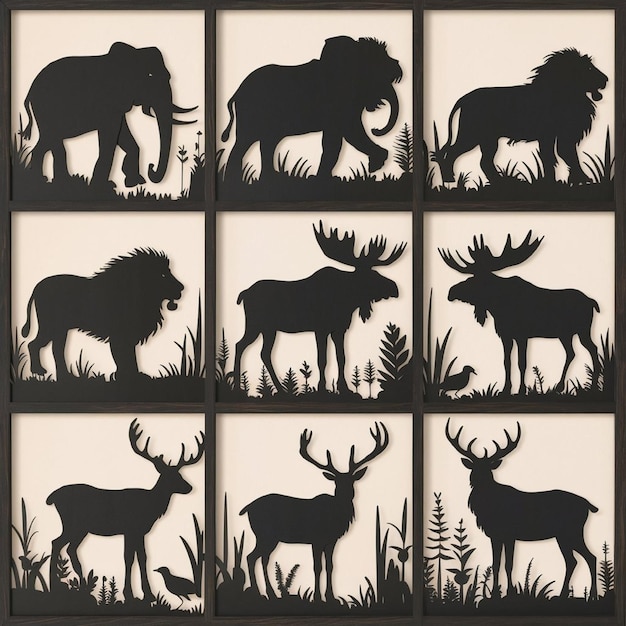 Photo silhouettes depicting various animals and plants