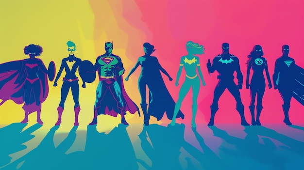 Silhouettes of a diverse group of superheroes standing together in a colorful backdrop