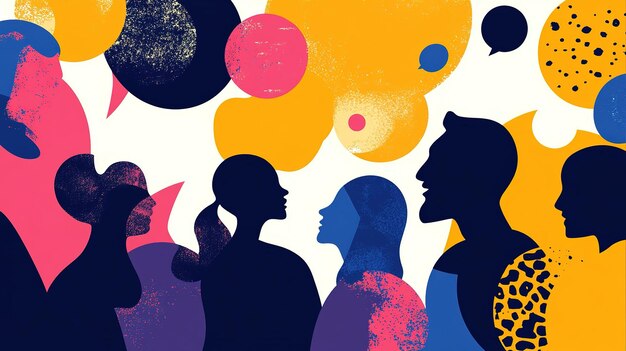 Photo silhouettes of diverse individuals engaging in conversation surrounded by colorful speech bubbles symbolizing communication and connection in a modern art style