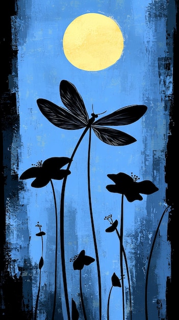 Silhouettes of Dragonfly and Flowers in Moonlight