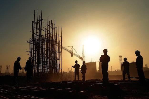 Silhouettes of engineers at construction site at sunset Generative AI