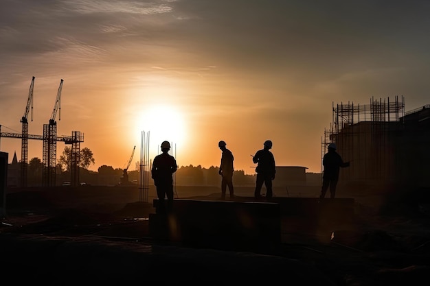 Silhouettes of engineers at construction site at sunset Generative AI