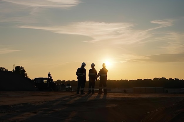 Silhouettes of engineers at construction site at sunset Generative AI