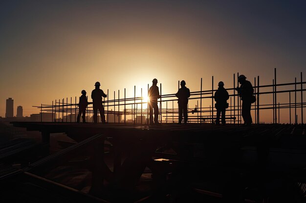 Silhouettes of engineers at construction site at sunset Generative AI