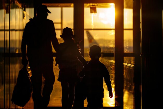 Silhouettes of a family on a trip bonding under sunset