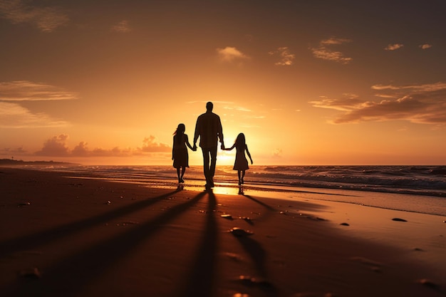 Silhouettes of a family walking on the beach at sunset