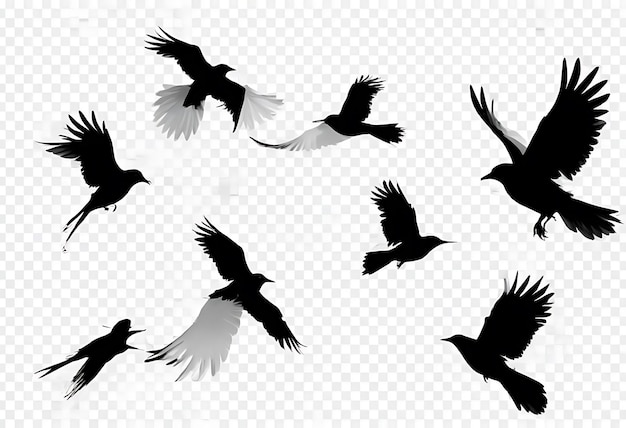 Silhouettes of flying birds isolated on a transparent White background