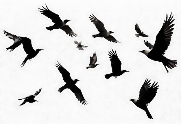 Silhouettes of flying birds isolated on a transparent White background