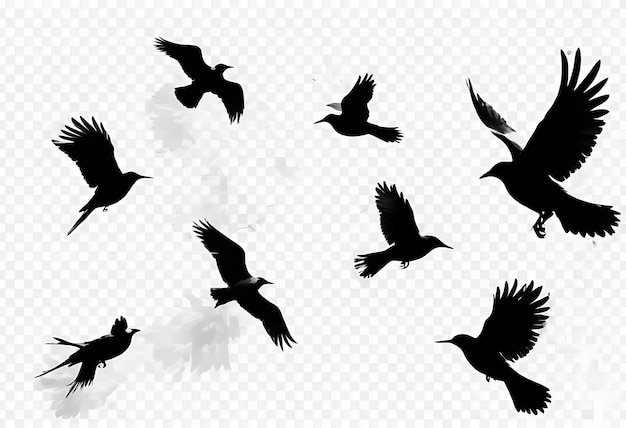 Silhouettes of flying birds isolated on a transparent White background