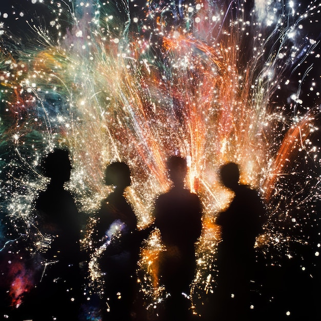 Photo silhouettes of four people standing in front of a colorful firework display