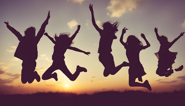 silhouettes of girls jumping in the air with the sun behind them