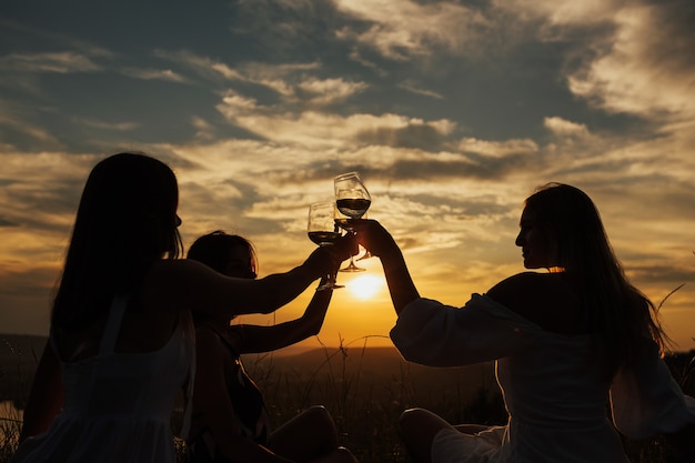 Silhouettes of girls in the park in evening sunlight. The lights of a sun. The company of female friends enjoys a summer picnic and raise glasses with wine.