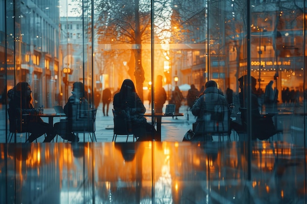 Silhouettes in a Glass Cafe During Golden Hour