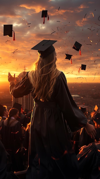 Silhouettes of graduates throwing their caps in the sky against the backdrop of a colorful sunset