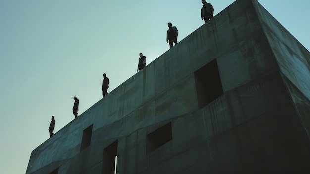 Silhouettes on a Green Building Five figures stand in silhouette on the rooftop of a textured green building against a pale blue sky