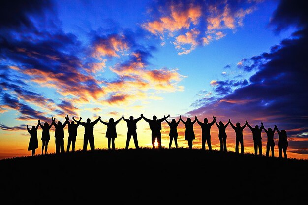 Photo silhouettes of group people men and women standing in celebration their victory at sunset