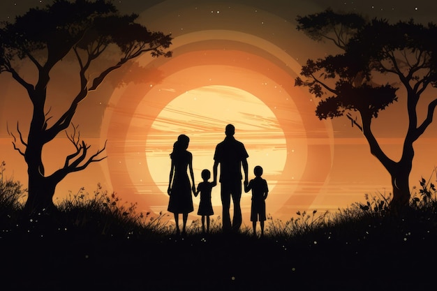 Silhouettes of happy family in moonlight Man woman and their children are walking through the night landscape Happy family life