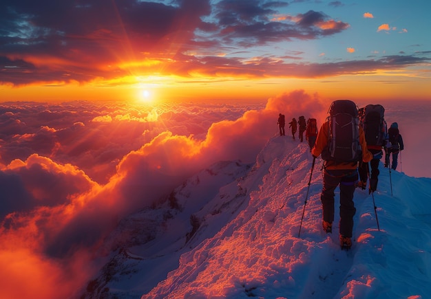 Silhouettes of hikers ascending a snowcovered mountain peak at sunrise