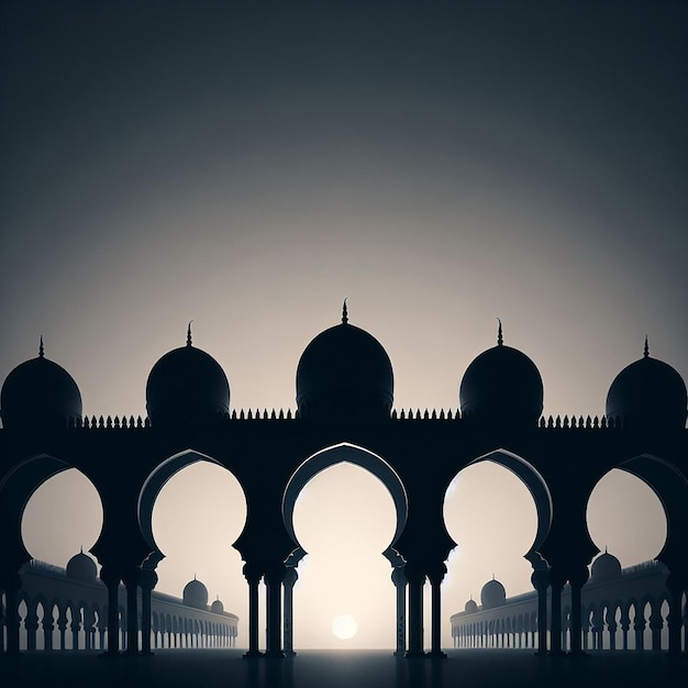 Silhouettes of Islamic Arches in Monochromatic Tone Against Gradient Sky for Serene Atmosphere