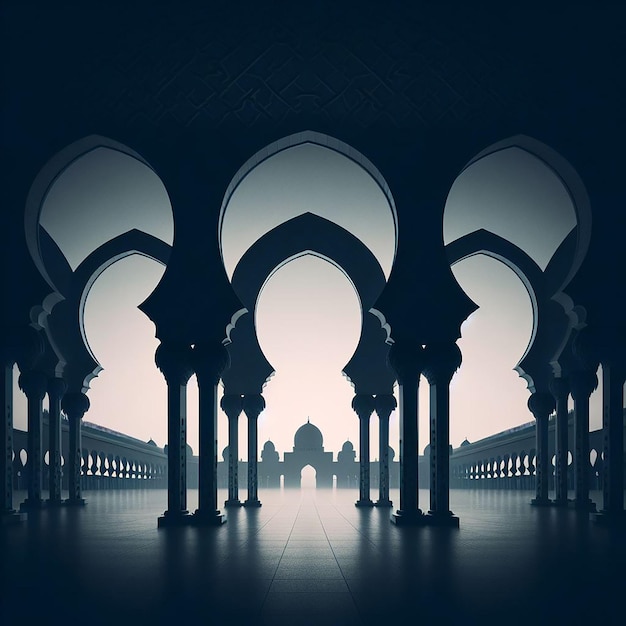 Silhouettes of Islamic Arches in Monochromatic Tone Against Gradient Sky for Serene Atmosphere