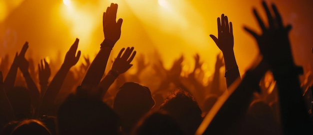 Silhouettes of jubilant fans at a concert basking in the golden glow of shared euphoria