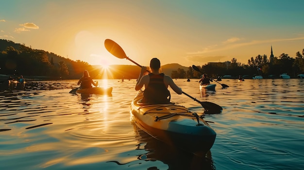 Silhouettes of kayaking and paddleboarding on a lake at sunset