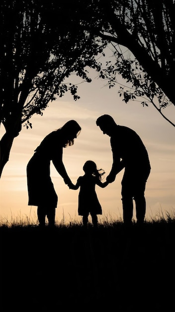 Silhouettes of lovely parents playing with their daughter under old trees