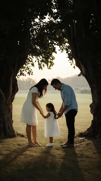 Silhouettes of lovely parents playing with their daughter under old trees