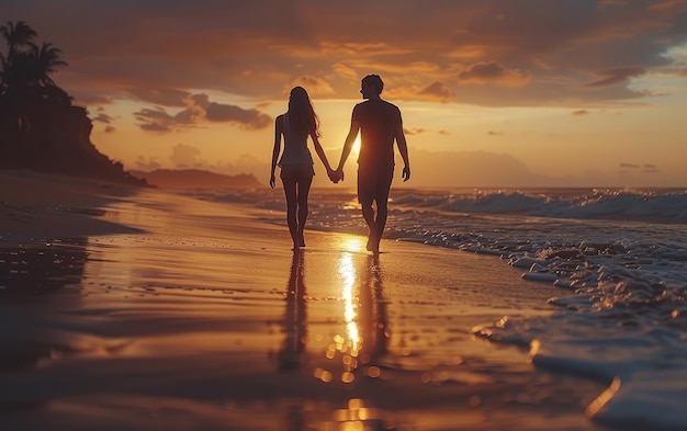 Silhouettes Of Lovers Walking Hand In Hand On The Sandy Beach At Sunset